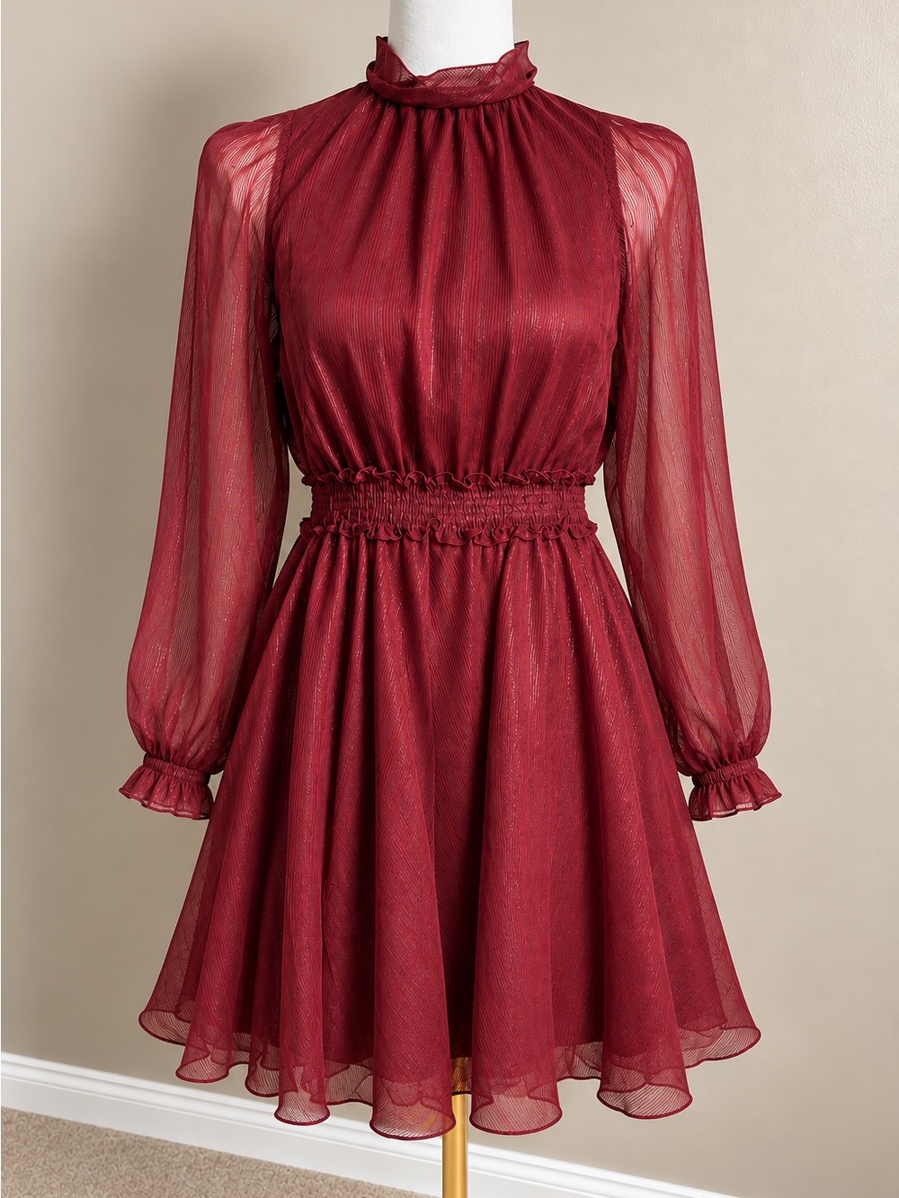 Longchamp Burgundy Sheer Lined High-Neck Fit and Flare Dress NWT - Picture 2 of 5